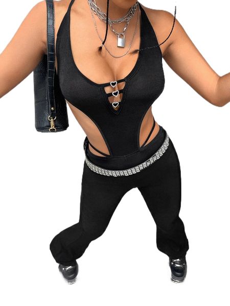 rhinestone heart tie backless flare leg halter jumpsuit without belt h22j#, Black;white
rhinestone heart tie backless flare leg halter jumpsuit without belt h22j#, Black;white