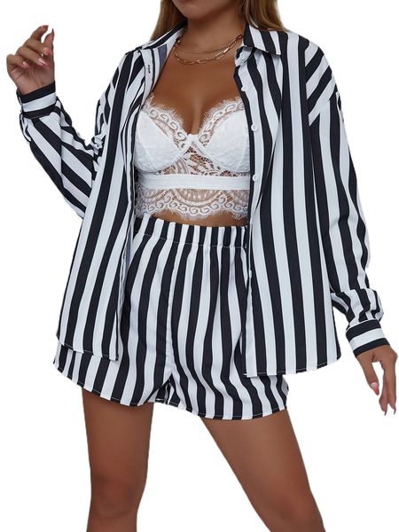 striped print drop shoulder shirt & shorts 52bd#, White
striped print drop shoulder shirt & shorts 52bd#, White