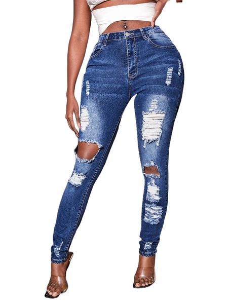 sxy slant pocket ripped skinny jeans s8z7#, Blue