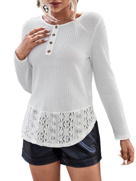contrast lace half button tee f9qb#, White