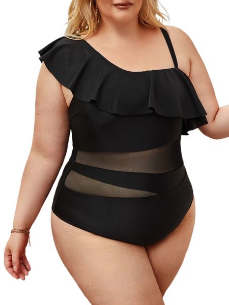 plus asymmetrical neck mesh insert ruffle trim one piece swimsuit v1if#, White;black
plus asymmetrical neck mesh insert ruffle trim one piece swimsuit v1if#, White;black