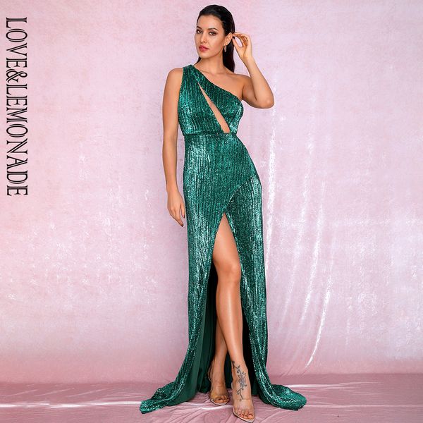 

love&lemonade one shoulder cut out green cross split sequin bodycon maxi dress lm81952 220507, Black;gray