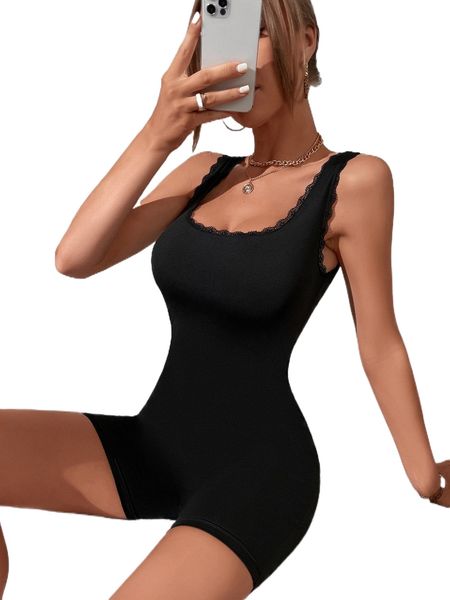 solid lace trim unitard romper t2nq#, Black;white 
solid lace trim unitard romper t2nq#, Black;white
