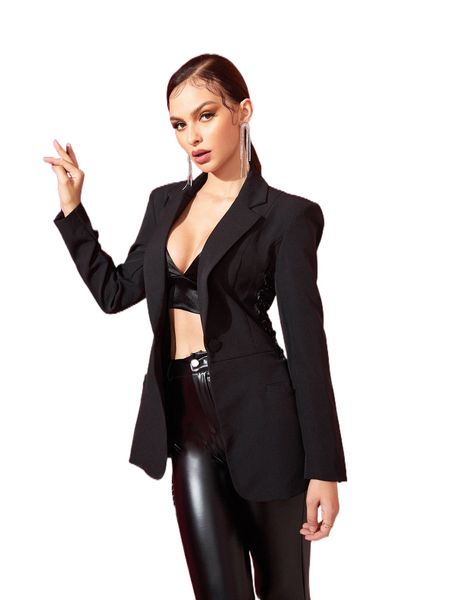 x laura bender lapel collar button front lace up blazer 89fi#, White
x laura bender lapel collar button front lace up blazer 89fi#, White