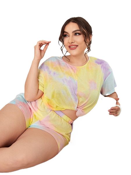 plus tie dye knot hem tee & shorts pj set 03ss#, Black;white