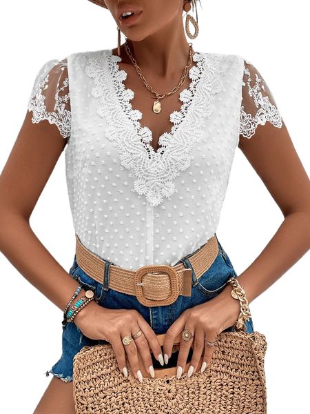 swiss dot lace trim blouse q5mu#, White