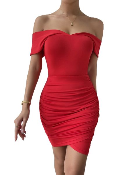 off shoulder ruched tulip hem bodycon dress 0118#, Black;gray
