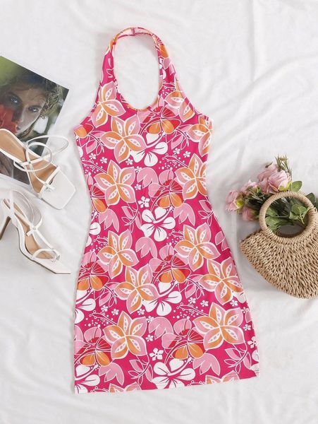 floral print halter dress l8j5#, Black;gray