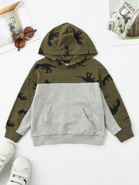 toddler boys dinosaur print color block kangaroo pocket hoodie she, Black 
toddler boys dinosaur print color block kangaroo pocket hoodie she, Black