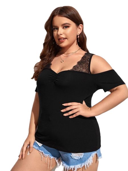 plus cold shoulder lace trim ruched tee h3fb#, Black 
plus cold shoulder lace trim ruched tee h3fb#, Black