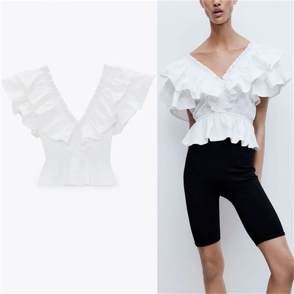 white ruffle spring blouse women v neck sleeveless elastic female fashion vintage contrasting ruffled blusas 210524
white ruffle spring blouse women v neck sleeveless elastic female fashion vintage contrasting ruffled blusas 210524