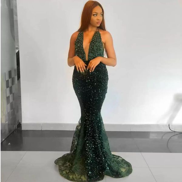dark green mermaid evening prom dress sequins sleeveless deep v neck halter sparkly lace appliqued glitter sweep train evening robes de soir, Black
dark green mermaid evening prom dress sequins sleeveless deep v neck halter sparkly lace appliqued glitter sweep train evening robes de soir, Black