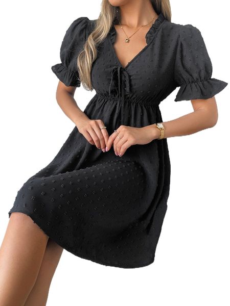 swiss dot puff sleeve tie front dress q6ki#, Black;gray
swiss dot puff sleeve tie front dress q6ki#, Black;gray