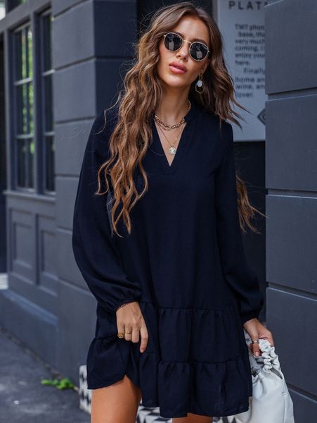 v-neck ruffle hem smock dress 248g#, Black;gray