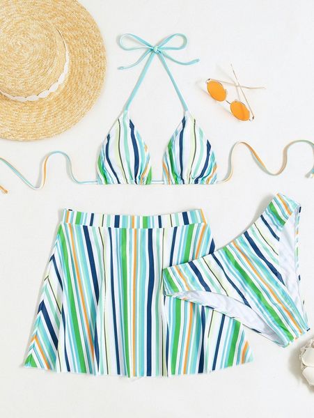 3pack striped halter triangle bikini swimsuit & beach skirt q7my#, White;black