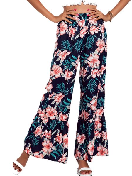 tropical print ruffle hem wide leg pants k44w#, Black;white
tropical print ruffle hem wide leg pants k44w#, Black;white