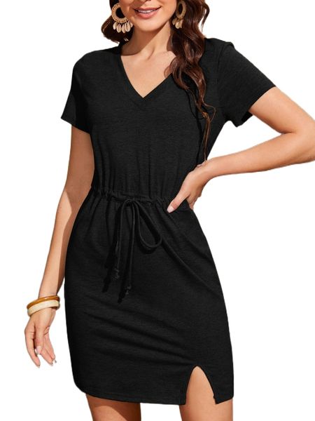 drawstring waist split hem dress o3gl#, Black;gray
drawstring waist split hem dress o3gl#, Black;gray