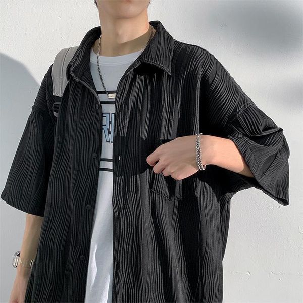 men's casual shirts summer pleated men fashion grey black white streetwear korean loose short sleeve large size, White;black
men's casual shirts summer pleated men fashion grey black white streetwear korean loose short sleeve large size, White;black