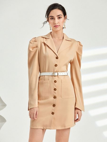 lapel collar puff sleeve button front blazer dress without belt t1dn#, White
lapel collar puff sleeve button front blazer dress without belt t1dn#, White