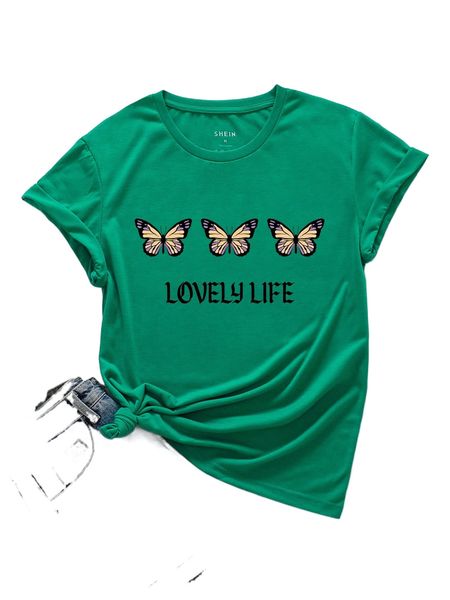 letter & butterfly print tee t24s#, White 
letter & butterfly print tee t24s#, White