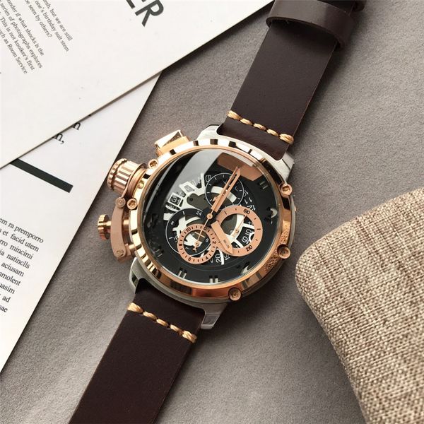 men's watch, quartz chronograph movement, stainless steel case, high strength glass, leather strap, buckle, Slivery;brown
men's watch, quartz chronograph movement, stainless steel case, high strength glass, leather strap, buckle, Slivery;brown