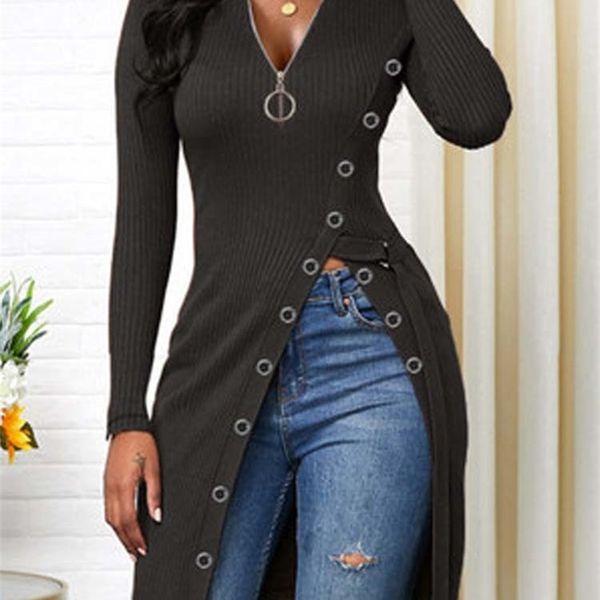 fashion women solid color tshirts irregular design zipper decor high split vneck long sleeve spring autumn slim long 220714, White
fashion women solid color tshirts irregular design zipper decor high split vneck long sleeve spring autumn slim long 220714, White