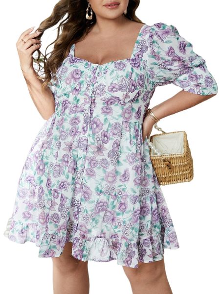 plus allover floral print puff sleeve ruffle hem dress u6ud#, Black
plus allover floral print puff sleeve ruffle hem dress u6ud#, Black