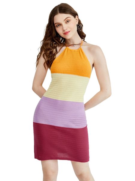 colorblock tie backless halter sweater dress w34e#, White;black 
colorblock tie backless halter sweater dress w34e#, White;black
