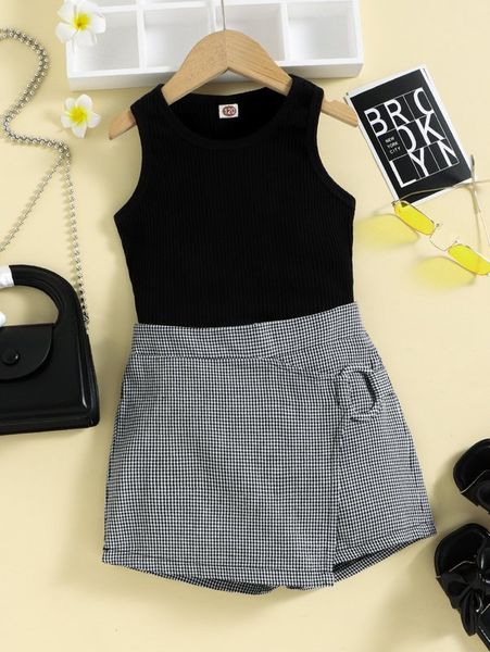 girls solid tank & houndstooth 2 in 1 shorts she, White 
girls solid tank & houndstooth 2 in 1 shorts she, White