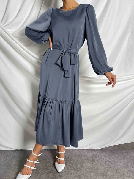 lantern sleeve ruffle hem belted dress u7dz#, Black;gray 
lantern sleeve ruffle hem belted dress u7dz#, Black;gray