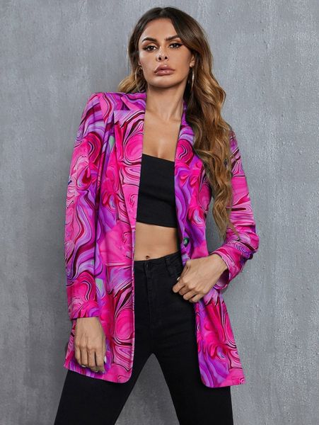 allover print single button blazer y38b#, White