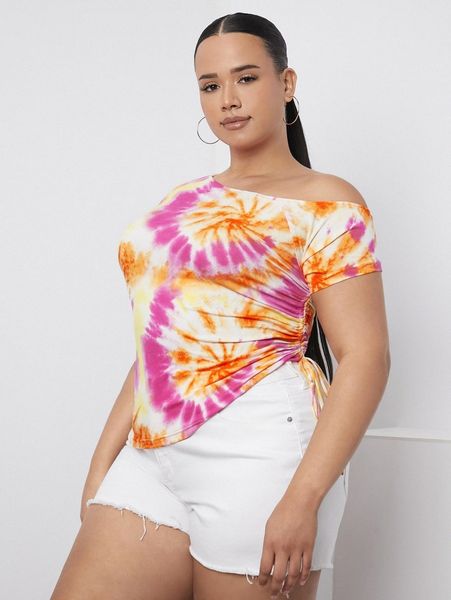 plus asymmetrical neck drawstring side tie dye tee d6bz#, Black