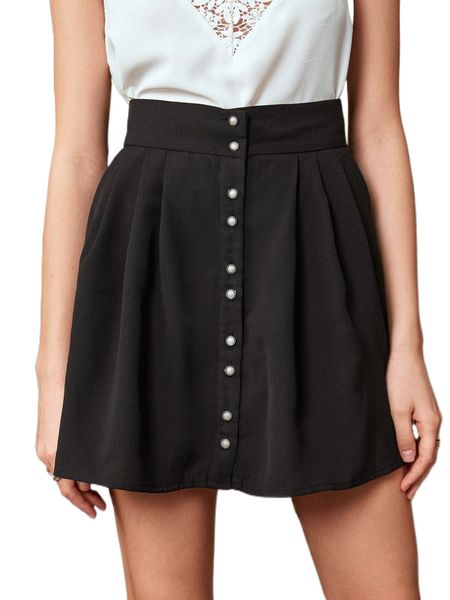 button front plicated skirt g7hi#, Black