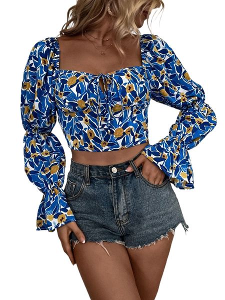 floral print knot front flounce sleeve crop blouse b7lz#, White