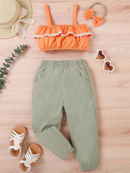 toddler girls ruffle trim cami & joggers & headband she, White
toddler girls ruffle trim cami & joggers & headband she, White