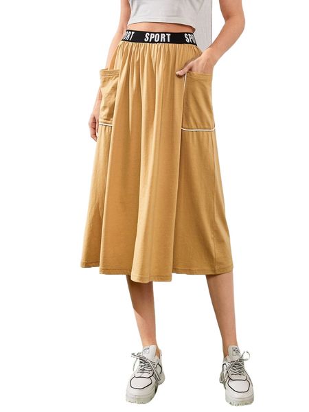 letter tape waist contrast binding pocket patched skirt z4xe#, Black 
letter tape waist contrast binding pocket patched skirt z4xe#, Black