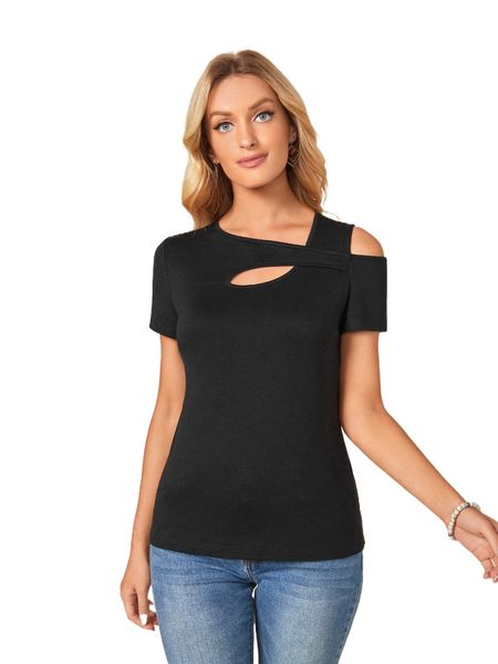 emery rose asymmetrical neck cut out tee v4df#, White
emery rose asymmetrical neck cut out tee v4df#, White