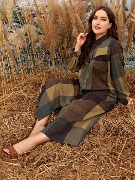 plus color-block plaid shirt dress m3pd#, Black 
plus color-block plaid shirt dress m3pd#, Black