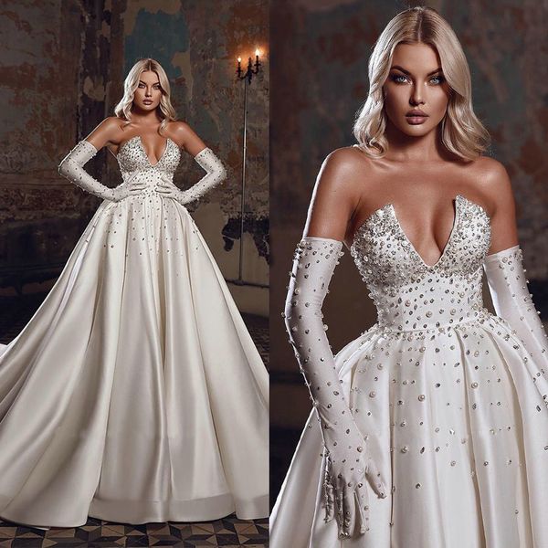 charming strapless wedding ball dress beading crystal saudi arabic bridal gown pearls satin dubai dress vestido de novia, White
charming strapless wedding ball dress beading crystal saudi arabic bridal gown pearls satin dubai dress vestido de novia, White