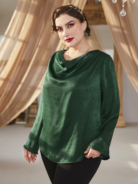 plus draped neck solid blouse u7e4#, Black
