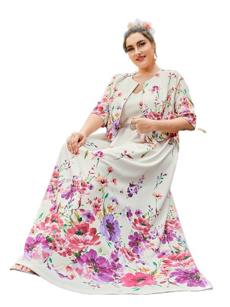 plus floral print jacket & dress without belt r6wb#, Black
plus floral print jacket & dress without belt r6wb#, Black