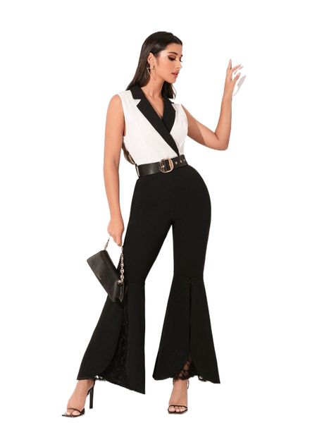 modely colorblock contrast lace lapel collar belted flare leg jumpsuit x4we#, Black;white
modely colorblock contrast lace lapel collar belted flare leg jumpsuit x4we#, Black;white
