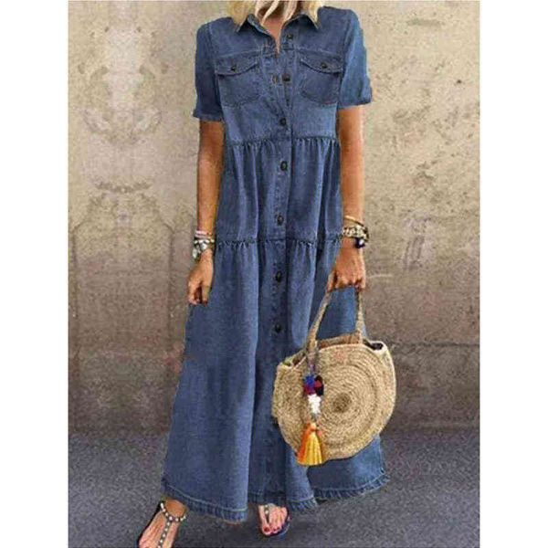 long solid mercerized denim pleated short sleeve shirt dress 2022 fashion new style summer splicing cardigan vintage long dress l220714, Black;gray
long solid mercerized denim pleated short sleeve shirt dress 2022 fashion new style summer splicing cardigan vintage long dress l220714, Black;gray