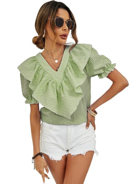 gingham ruffle trim flounce sleeve blouse m5i3#, White
gingham ruffle trim flounce sleeve blouse m5i3#, White