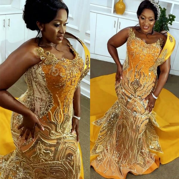2022 plus size arabic aso ebi luxurious mermaid gold prom dresses lace beaded evening formal party second reception birthday engagement gown, Black