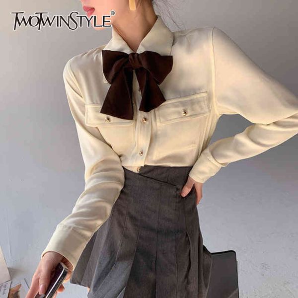 white patchwork tie shirt for women lapel long sleeve casual temperament hit color blouse female fashion 210423
white patchwork tie shirt for women lapel long sleeve casual temperament hit color blouse female fashion 210423
