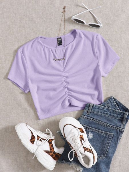 ruched front solid tee p0r8#, White
ruched front solid tee p0r8#, White