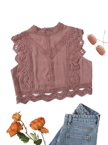 contrast lace mock neck crop s6a6#, White
contrast lace mock neck crop s6a6#, White