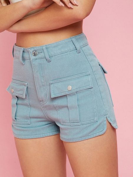 flap pocket straight leg denim shorts e5fs#, White;black