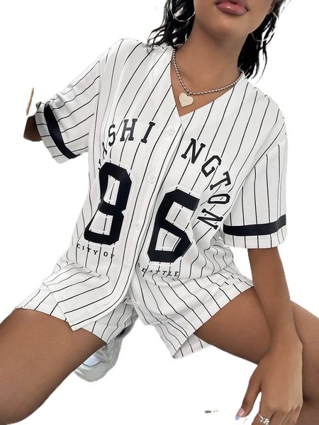 letter graphic button front striped & shorts set b03g#, White 
letter graphic button front striped & shorts set b03g#, White